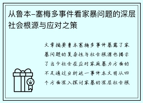 从鲁本-塞梅多事件看家暴问题的深层社会根源与应对之策