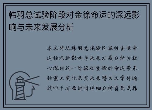 韩羽总试验阶段对金徐命运的深远影响与未来发展分析